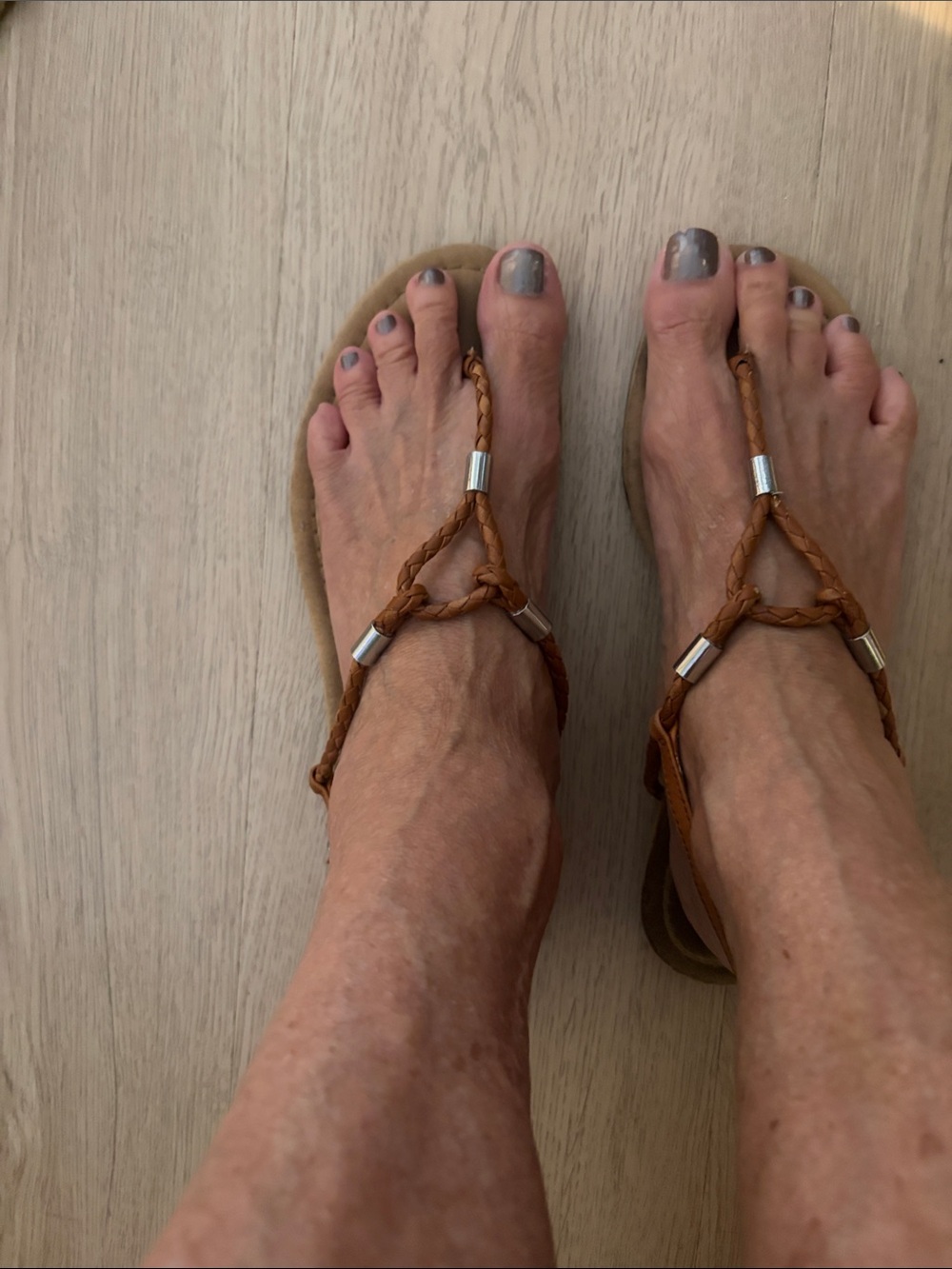 Ralph Lauren Braided Leather T-Strap Sandals in Brown with Silver Accents